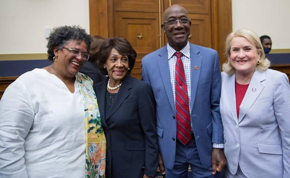 Prime Minister Dr Keith Rowley with Barbados PM Mia Mottley, left, US congresswoman Maxine Waters, 2nd left, and and US congresswoman Sylvia Garcia on Wednesday at the US Congress.  - 