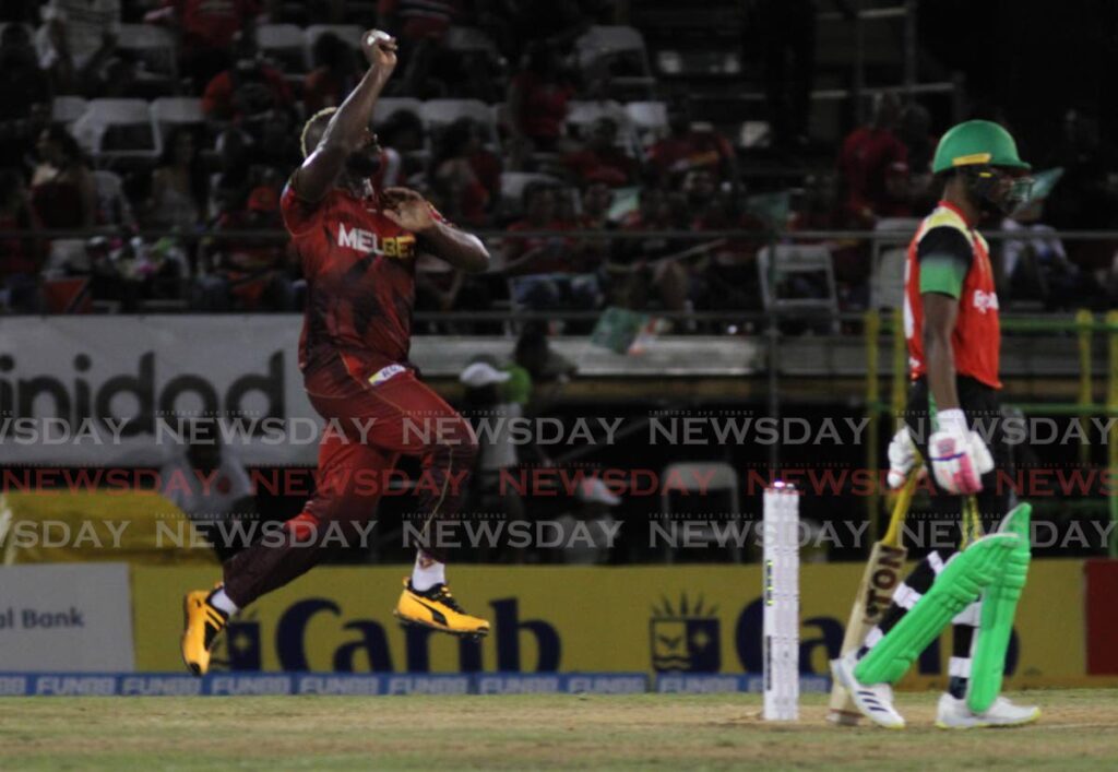 Trinbago Knight Riders Andre Russel bowls during the Hero Caribbean Premier League T20 match against the Guyana Amazon Warriors at the Queen’s Park Oval, St Clair, on Wednesday. Photo by Ayanna Kinsale