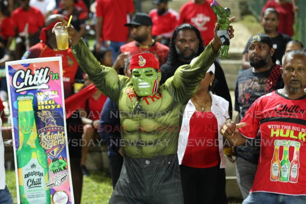 This TKR fan dressed as famous super hero character Hulk for the Hero CPL T20 match between Trinbago Knight Riders and St St Lucia Kings, on Sunday, at the Brian Lara Cricket Academy, Tarouba. - Photo by Lincoln Holder