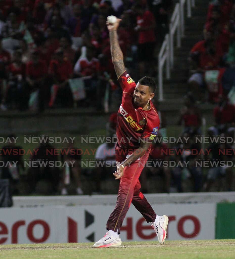 Sunil Narine, the Trinbago Knight Riders off-spinner, sends a delivery during Sunday's Hero Caribbean Premier League match against the St Lucia Kings at the Brian Lara Cricket Academy, Tarouba. - Lincoln Holder
