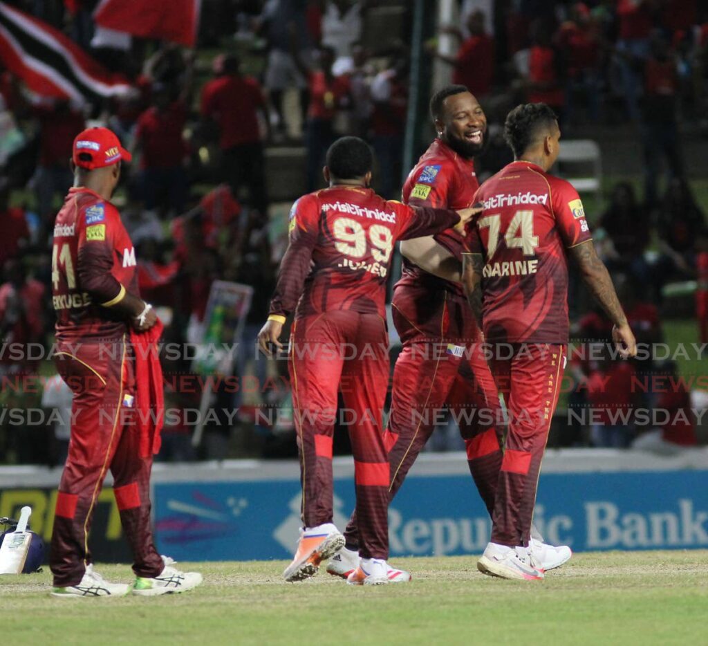 Trinbago Knight Riders celebrate a wicket at the Hero Caribbean Premier League match against the St Lucia Kings at the Brian Lara Cricket Academy Tarouba, on Sunday. - Lincoln Holder