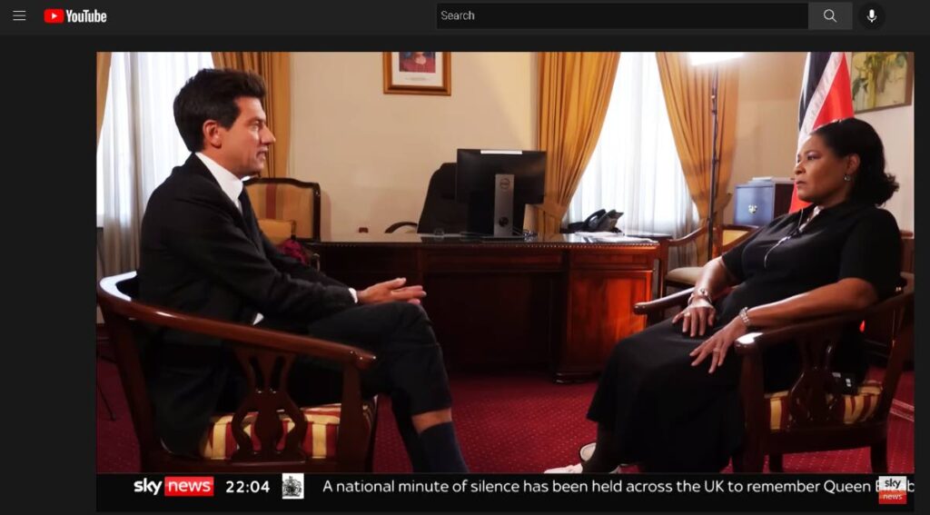 COMMONWEALTH TALKS: A screengrab of a video posted to YouTube showing President Paula-Mae Weekes being interviewed on Sunday by a SkyNews journalist at the offices of the TT High Commission in London.  - YouTube