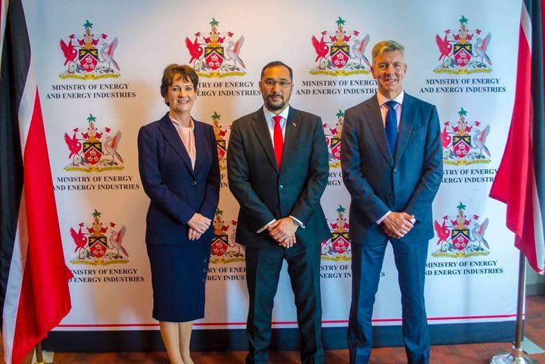 From left, Claire Fitzpatrick, outgoing president, bpTT, Minister of Energy and Energy Industries Stuart Young, and David Campbell, incoming president, bpTT. 