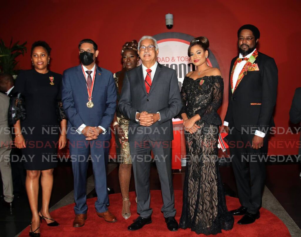 Health Minister Terrence Deyalsingh with, from left, national award recipients Prof Christine Carrington, Dr Roshan Parasram, Dr Michelle Trotman, Dr Maryam Abdool-Richards and Dr Avery Hinds at NAPA, Port of Spain. - SUREASH CHOLAI