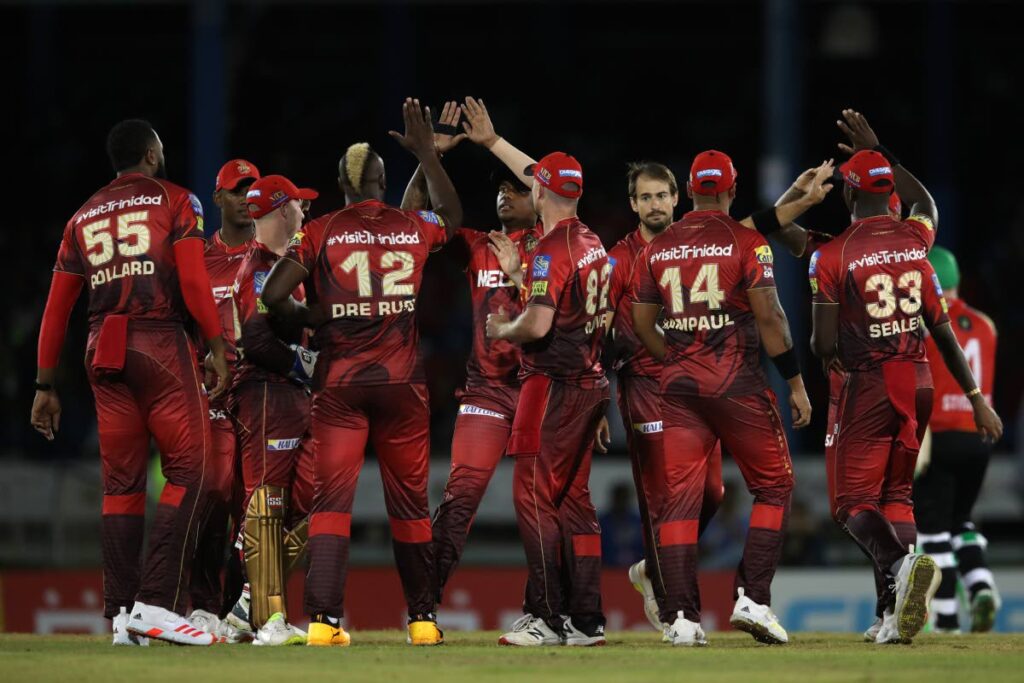 In this September 14 photo, TKR players celebrate the wicket of Paul Stirling of Guyana Amazon Warriors during the 2022 Hero Caribbean Premier League match at the Queen’s Park Oval, St Clair. - Photo via CPL T20