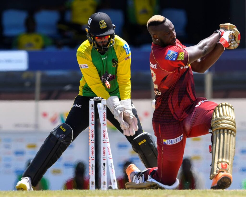 In this September 10 file photo, Andre Russell of Trinbago Knight Riders is bowled by Imad Wasim of Jamaica Tallawahs during the Men's 2022 Hero Caribbean Premier League match at Daren Sammy National Cricket Stadium on September 10, 2022 in Gros Islet, St Lucia. - Photo courtesy CPL T20