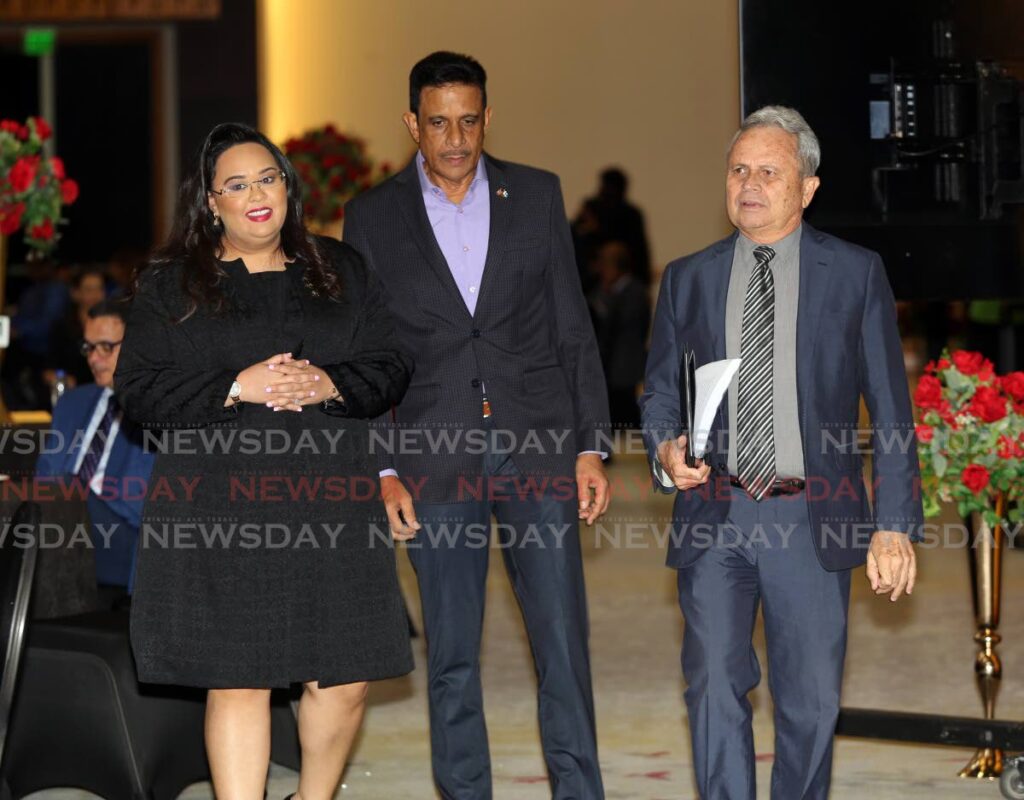 TTMA president Tricia Coosal, Advance Foam executive director Amjad Ali and Finance Minister Colm Imbert at the TTMA post-budget discussion, Hyatt Regency, Port of Spain on Tuesday. Photo by Sureash Cholai