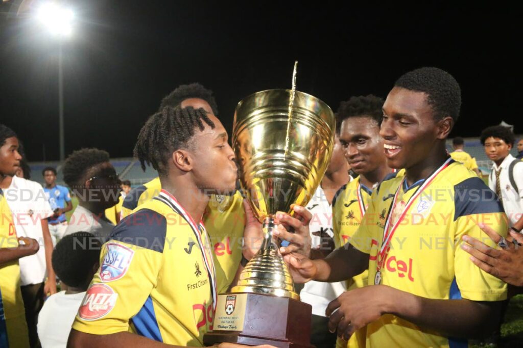 In this December 4, 2019 file photo, Presentation College players celebrate after defeating San Juan North Secondary in the SSFL Intercol final at the Ato Boldon Stadium, Couva. - Marvin Hamilton