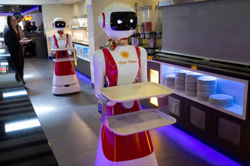 Leah Hu, left, and her brother Leon demonstrate the use of robots for serving purposes or for dirty dishes collection at the family's Royal Palace restaurant in Renesse, south-western Netherlands in May 2020. - AP PHOTO