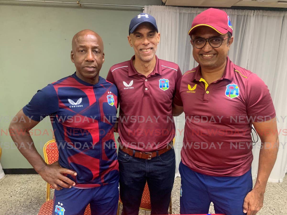 L-R: WI strength and conditioning coach Desmond Haynes, CWI director of cricket Jimmy Adams and WI men's batting coach Monty Desai at the National Cricket Centre, Couva on Tuesday. 