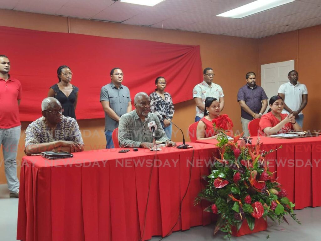 Anthony Roberts, (seated, second from left) with other members of the PNM’s Election Supervisory Committee at the Central Regional Office in Chaguanas on Saturday. From left are UTC executive director, Clarry Benn, Samantha Felix, secretary, and Senator Renuka Sagramsingh- Sooklal.  - Photo by Yvonne Webb