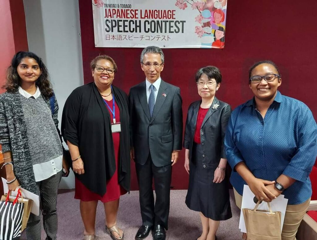 Aneeqah Ghany (first place intermediate level), left, Dr Nicole Roberts, director of the Centre for Language Learning, Ambassador Matsubara, Mrs Matsubara and Anisha Romany (first place elementary level). 