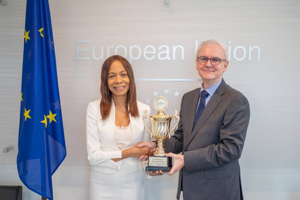 CEO and founder of SWF&CO Sandra Welch-Farrell presents an award for capacity building partnerships with local communities and NGOs, to Peter Cavendish, Ambassador Extraordinary and Plenipotentiary of Delegation of the EU. - 