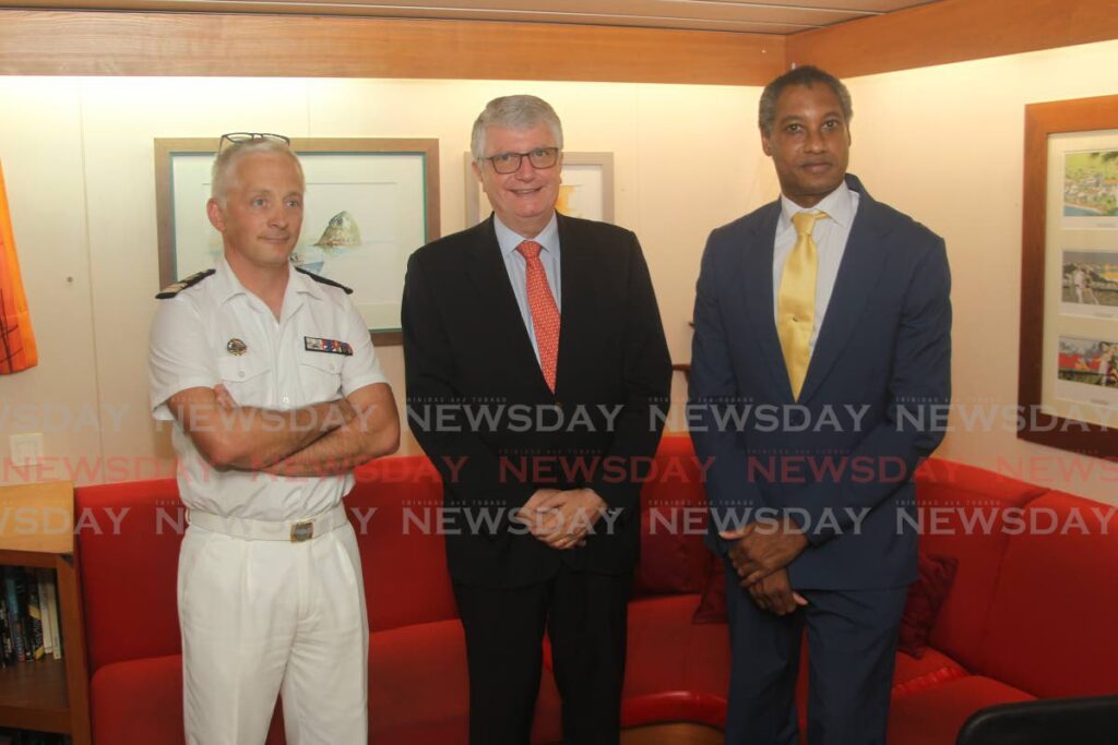 From left French FNS Commanding Officer Matthieu Ruf, French Ambassador to Trinidad and Tobago Didier Chabert and Dereck Alan-Noel Parker of the French Economic Mission in the control room of the  FNS Ventose at the Port of Port of Spain on Tuesday. The Naval Ship is here to assist  law enforcement agencies. -
Photo by Angelo Marcelle
04-10-2022 - ROGER JACOB