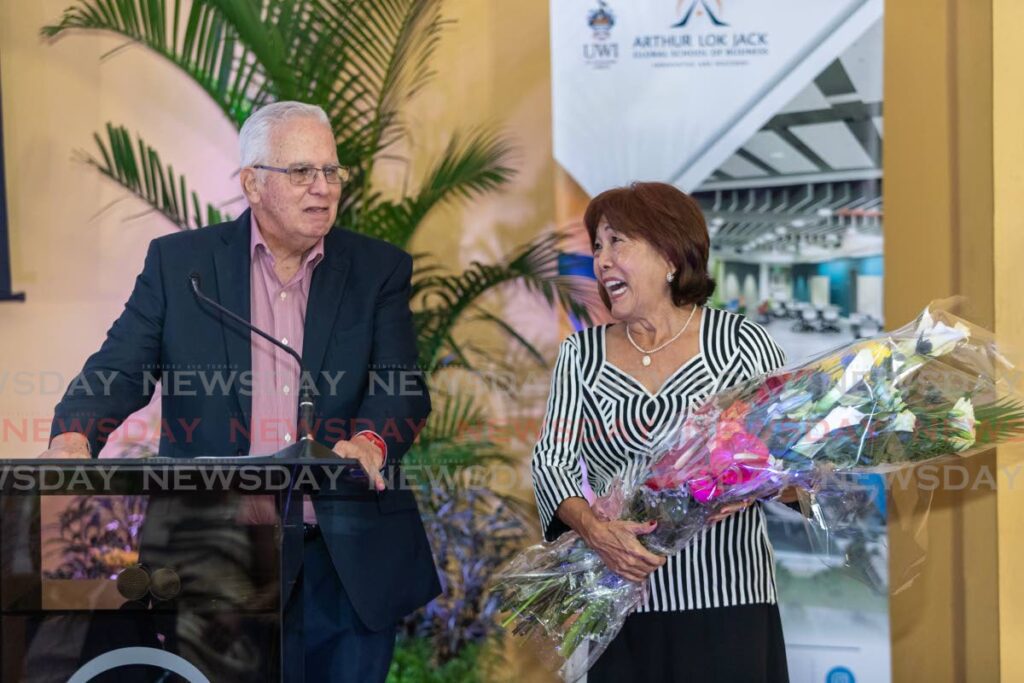 Ronald Harford with his wife Allison at the book launch on October 5, at the Arthur Lok Jack Global School of Business, Mt Hope - JEFF K MAYERS