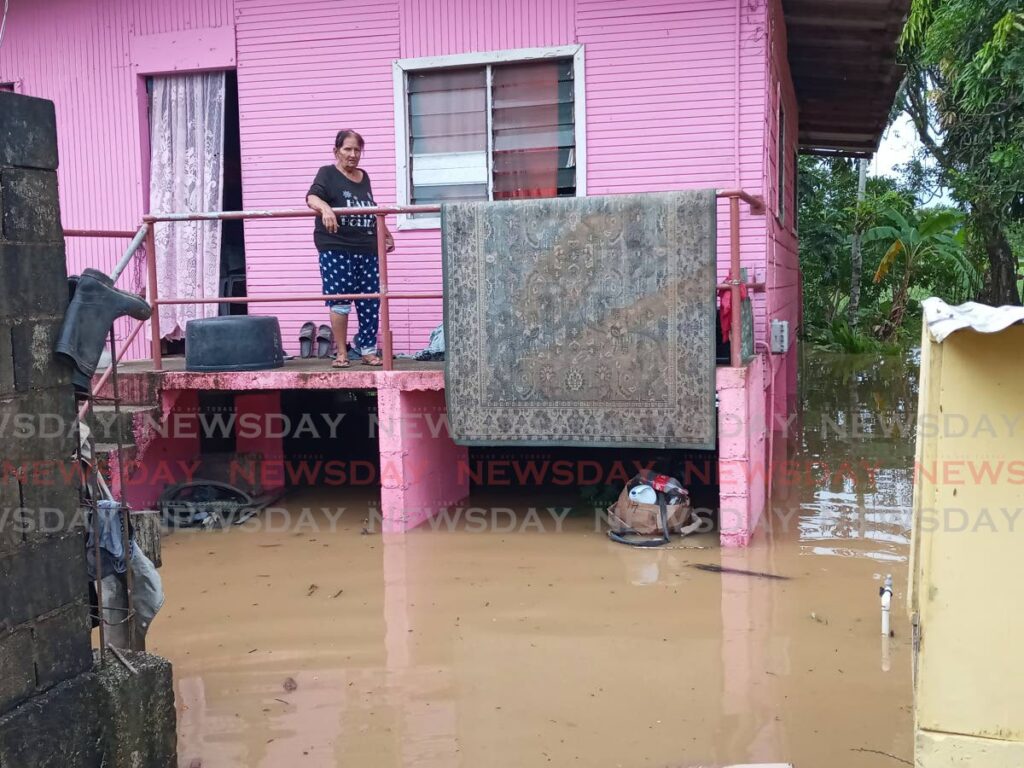 MAROONED: Rhadica Jagroop in her house in St Helena which was surrounded by flood waters on Thursday. - Photo by Angelo Marcelle 
