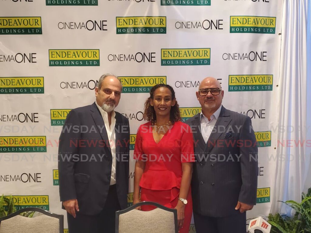 From left, chairman of Endeavour Holdings Ltd John Aboud, CEO of CinemaOne Ingrid Jahra and CEO of Endeavour Holdings Ltd Anthony Rahael for the launch of Gemstone Price Plaza at the Brix Hotel, Autograph Collection by Marriott International, at Coblentz Avenue, Cascade. - Vishanna Phagoo