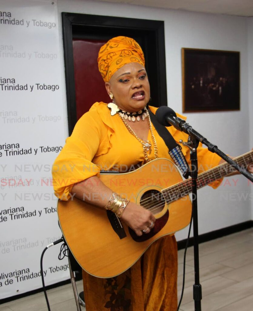Singer Abbi Blackman performing at a function at the Venezuelan Embassy on Victoria Avenue in Port of Spain to commemorate Venezuela indigenous people resistance on Thursday evening. - Photo by Sureash Cholai