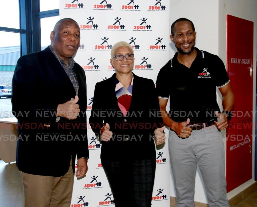 Chair of the Organizing Committee of the 2023 Commonwealth Youth Games Ephraim Serrette (left) ,Trinidad and Tobago Commonwealth Games Association president Diane Henderson (centre) and SporTT Head of Partnerships and Alliances Kairon Serrette at Friday's media conference, to update on the Games, at the National Racquet Centre, Tacarigua. - SUREASH CHOLAI