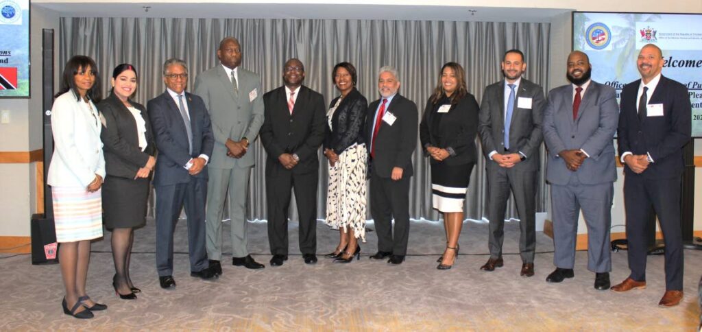 From left, NCSC project director JoAnne Richardson, Senator Renuka Sagramsingh-Sooklal, AG Reginald Armour, DPP Roger Gaspard; US embassy charge d'Affaires Shante Moore; fmr US Asst Attorney Kimberly Moore, Enrique Abraham, supervisor in the Cook County State Attorney’s Office; Natosha Cuyler Toller, Deputy Director of Illinois' Judicial Inquiry Board; Pishoy Yacoub, Assistant District Attorney, Queen’s County, NY District, US embassy Security Assistance Coordinator Fred Bolageer; and George Busby, Deputy DPP. PHOTO COURTESY US EMBASSY - US embassy
