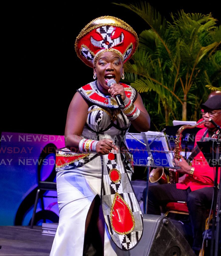 Calypsonian Nicole Thomas sings on Sunday in the TUCO calypso competition at Shaw Park Cultural Complex.  - Photo by David Reid
