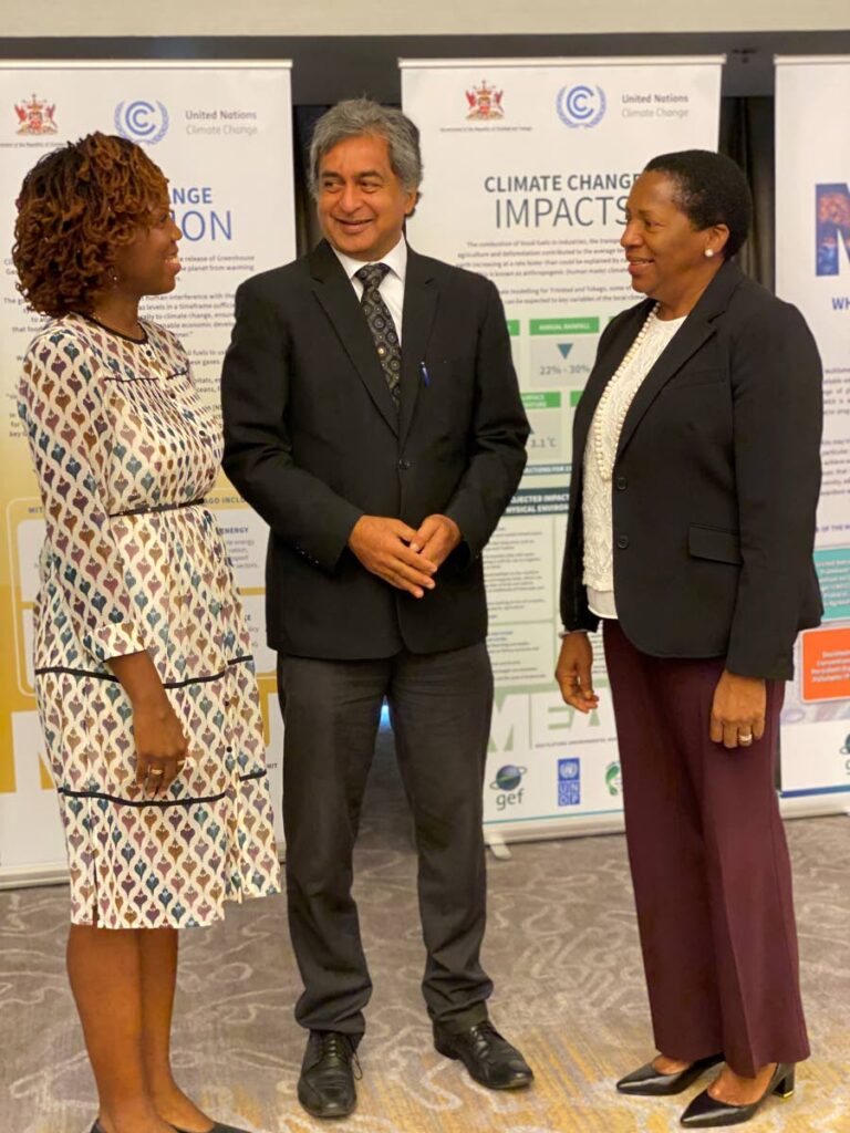 (From left) Rueanna Haynes, director of Climate Analytics Caribbean,  Kishan Kumarsingh, head of the Multilateral Agreements Unit of the Ministry of Planning & Development and Pennelope Beckles, Minister of Planning and Development. - MINISTRY OF PLANNING AND DEVELOPMENT