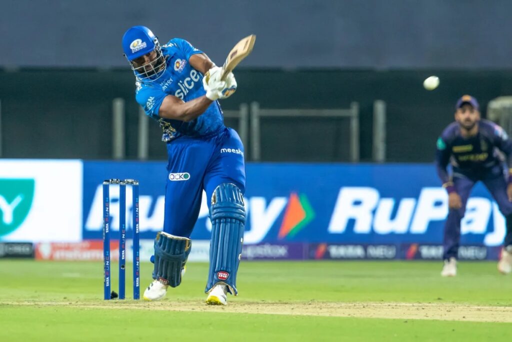 Mumbai Indians' Kieron Pollard plays a shot during the Indian Premier League T20 match against Kolkata Knight Riders, on April 6, at the Maharashtra Cricket Association Stadium,in Pune, India.

Image source: IPL