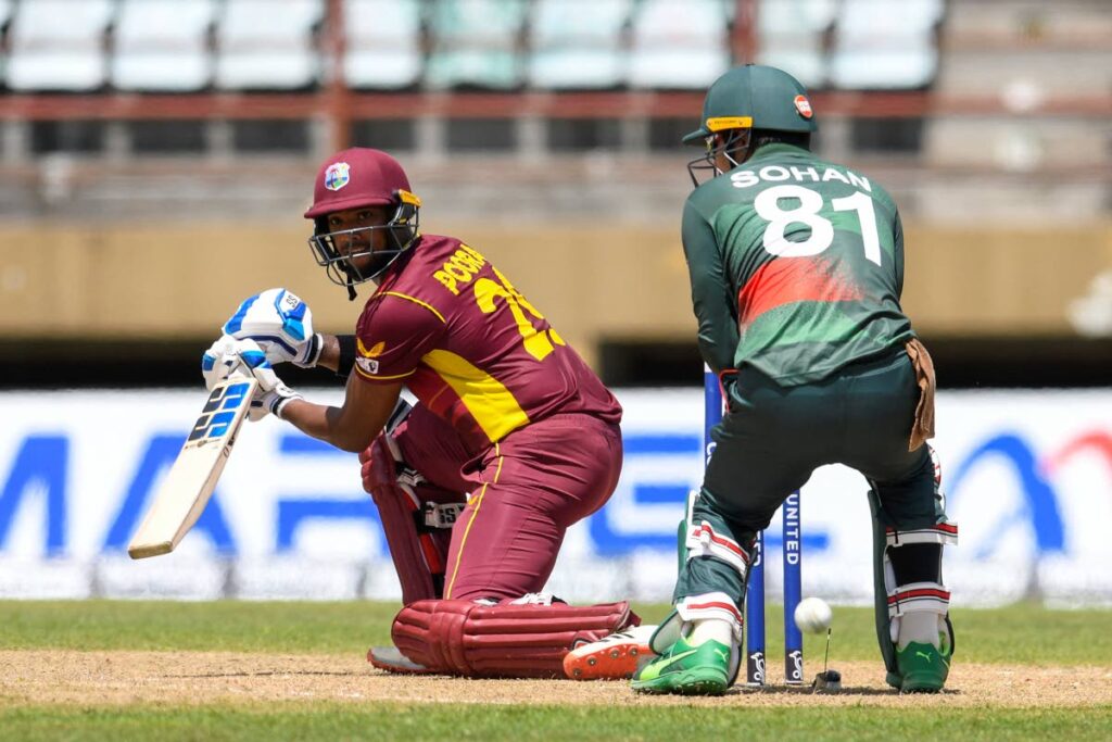 Former West Indies captain Nicholas Pooran plays a shot against Bangladesh at the Guyana National Stadium in Providence, Guyana, earlier this year.  - 