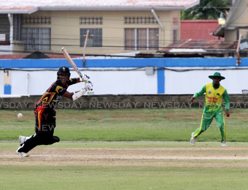 Guyana Harpy Eagles’ Tagenarine Chanderpaul plays a shot during the CG United Super50 Cup match against Windward Islands Volcanoes, at the Queen’s Park Oval, St Clair, on Monday.  Photo by Ayanna Kinsale