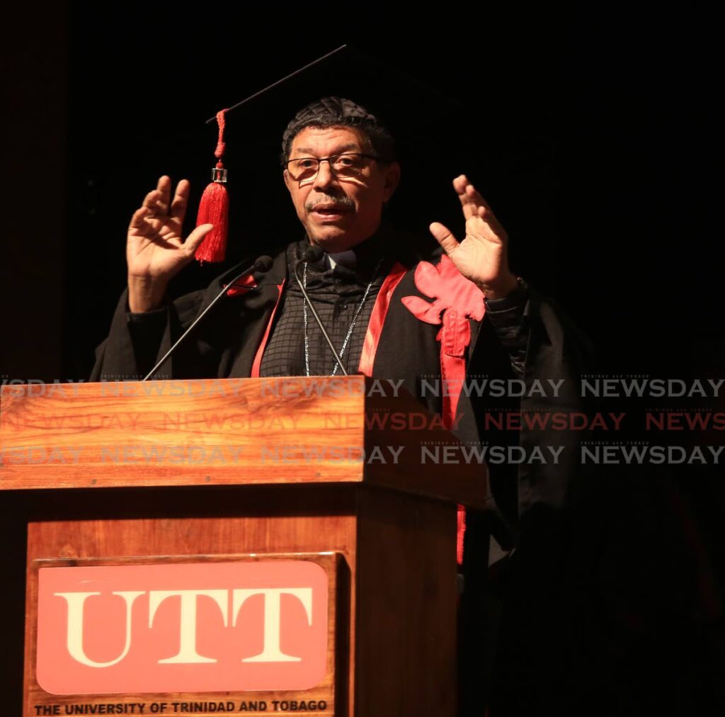 Roman Catholic Archbishop Charles Jason Gordon speaks at UTT's graduation ceremony after receiving an honorary doctorate from the university on Tuesday. - SUREASH CHOLAI