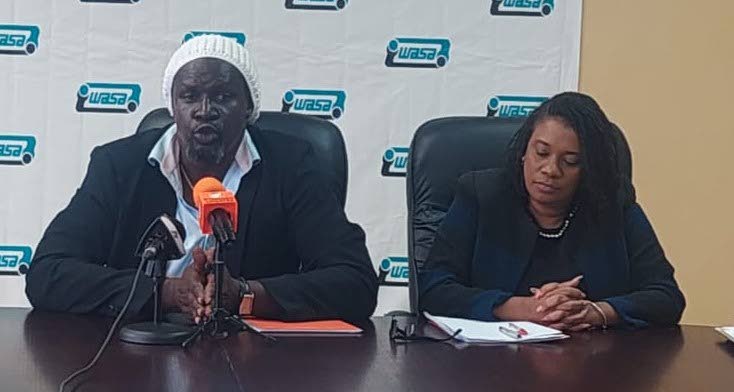 WASA's Tobago region head Brian Williams, left, and Jiselle Webster, communications and customer engagement manager, at a WASA press conference in Lowlands on Tuesday.  - 