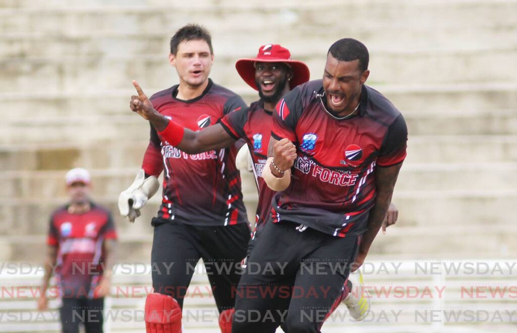 In this file photo TT Red Force bowler Shannon Gabriel celebrates a wicket against the Guyana Harpy Eagles during the Super50 cup at the Brian Lara Cricket Academy. Photo by Lincoln Holder