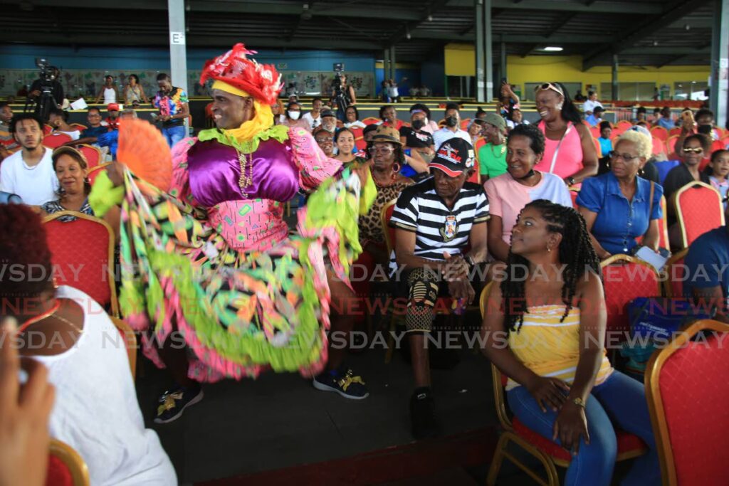 A dame Lorraine enterains the audience at the Grand Stand, Queen's Park Savannah, Port of Spain for the launch of Carnival 2023 on Saturday. - Angelo Marcelle
