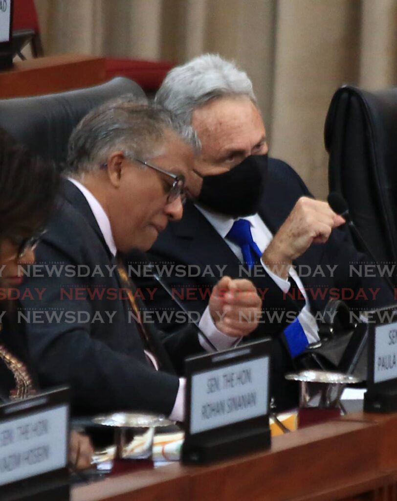 Attorney General Reginald Armour and Finance Minister Colm Minister during the Senate sitting to debate the Finance Bill 2022 on Tuesday. - SUREASH CHOLAI