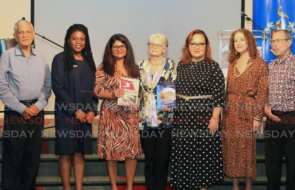 From left, Prof Brinsley Samaroo; Paula Greene, NALIS executive director; Dr Karen Eccles Prof Bridget Brereton; UWI St Augustine campus principal Prof Rose-Marie Belle Antoine; Newsday editor in chief Judy Raymond; and writer and publisher Gerard Besson.
They were at the launch of two books, History Matters by Prof Brereton and Islands at War –Trinidad and Tobago during World War II , by Prof Brereton and Dr Eccles, at the Audio Visual Room at the National Library, Port of Spain, on  November 10. - Photo by Roger Jacob
