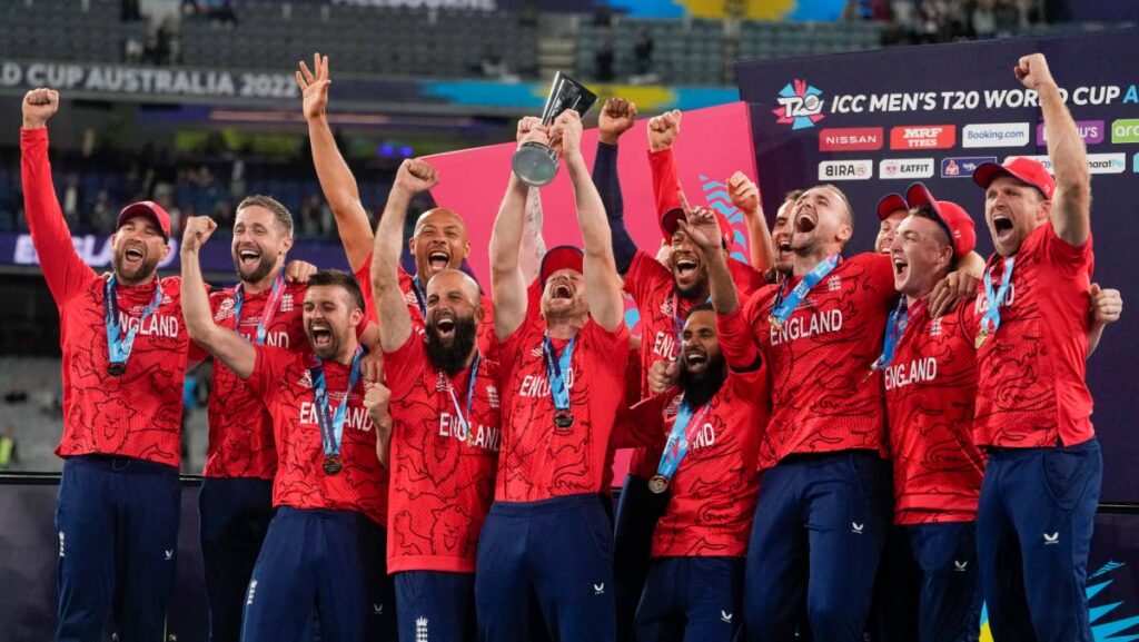WORLD T20 CHAMPS: England celebrate with their trophy after defeating Pakistan in the final of the T20 World Cup at the Melbourne Cricket Ground in Melbourne, Australia, on Sunday. AP Photo - 