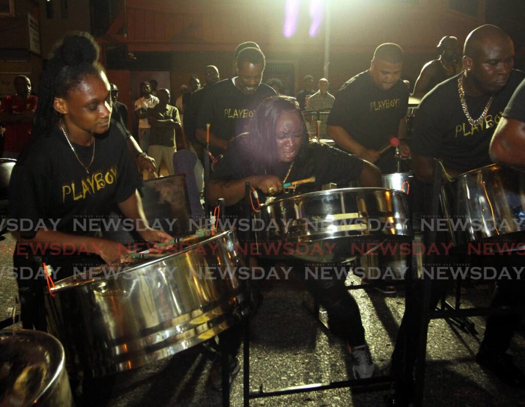 Newtown Playboys plays KMC's  First Experience during the National Panorama Single Pan Steelbands Prelims, at their Tragarete Road panyard on November 14. - Angelo Marcelle