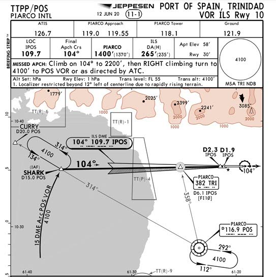 Jeppesen navigation chart for the approach into Piarco International Airport - 
