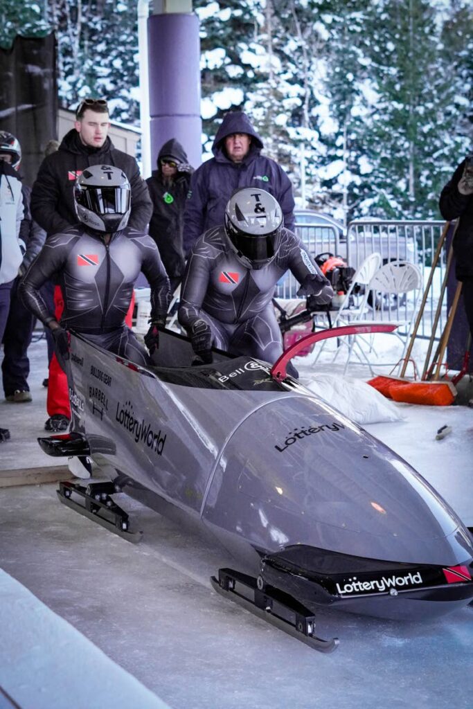 Trinidad and Tobago bobsledders Axel Brown (R) and Shakeel John compete, on Saturday, at the North American Cup in Park City, Utah. - via Axel Brown
