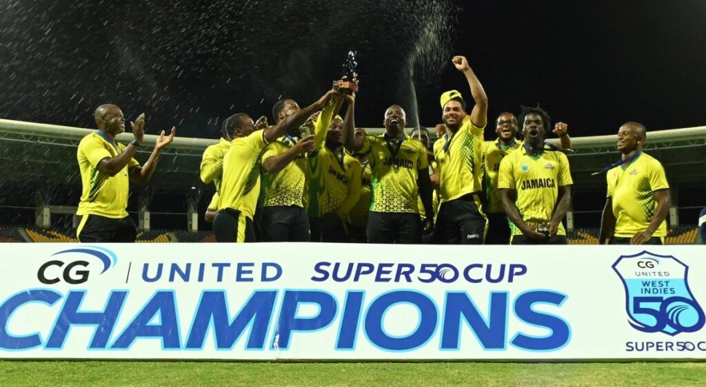 Jamaica Scorpions celebrate their Super50 title on Saturday at the Sir Vivian Richards Stadium in Antigua.  - CWI