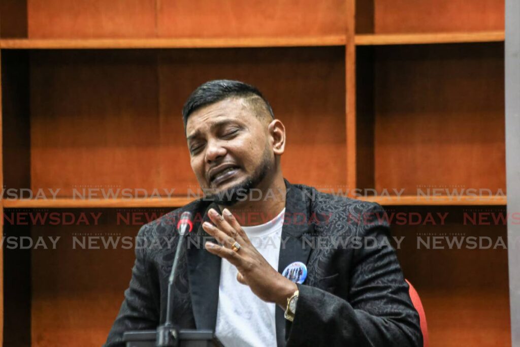 Paria diving tragedy survivor Christopher Boodram is emotional during his testimony at the commission of enquiry hearing at Tower D, International Waterfront, Port of Spain on Tuesday. - SUREASH CHOLAI
