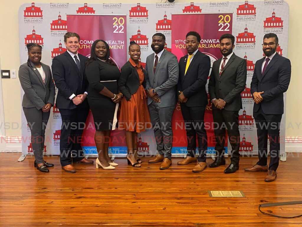 Members of the Commonwealth Youth Parliament delegation at the media conference with San Juan/Barataria MP Saddam Hosein. - Nicholas  Maraj