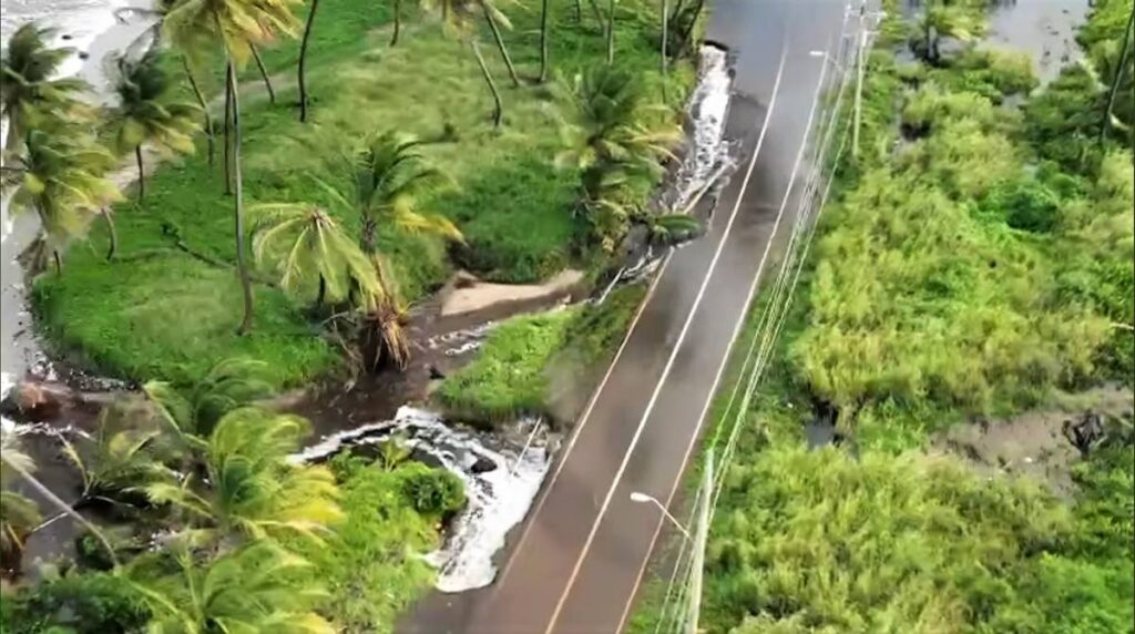 A screenshot, taken from drone footage by C Beharry, shows a portion of the Manzanilla Mayaro Road which collapsed because of continuous flooding on Wednesday. - 