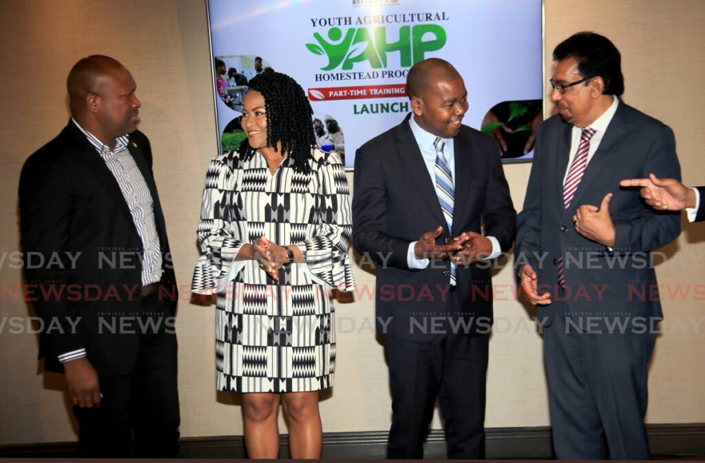 From left: St Vincent's Agriculture Minister Saboto Caesar, Education Minister Nyan Gadsby-Dolly, Minister of Youth Development Foster Cummings and Ministry of Agriculture Kazim Hosein at the launch of the Youth Agricultural Homestead Programme at Government Campus Plaza, Port of Spain, on Thursday. - Sureash Cholai