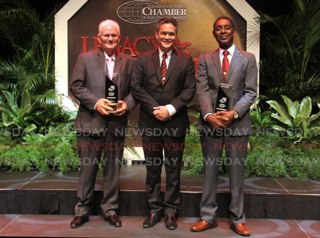NGC chairman Mark Loquan, centre, with Hall of Fame inductees Nicholas Galt, left, and Langston Roach during the TT Chamber of Industry and Commerce awards ceremony at NAPA, Port of Spain on Thursday. - AYANNA KINSALE
