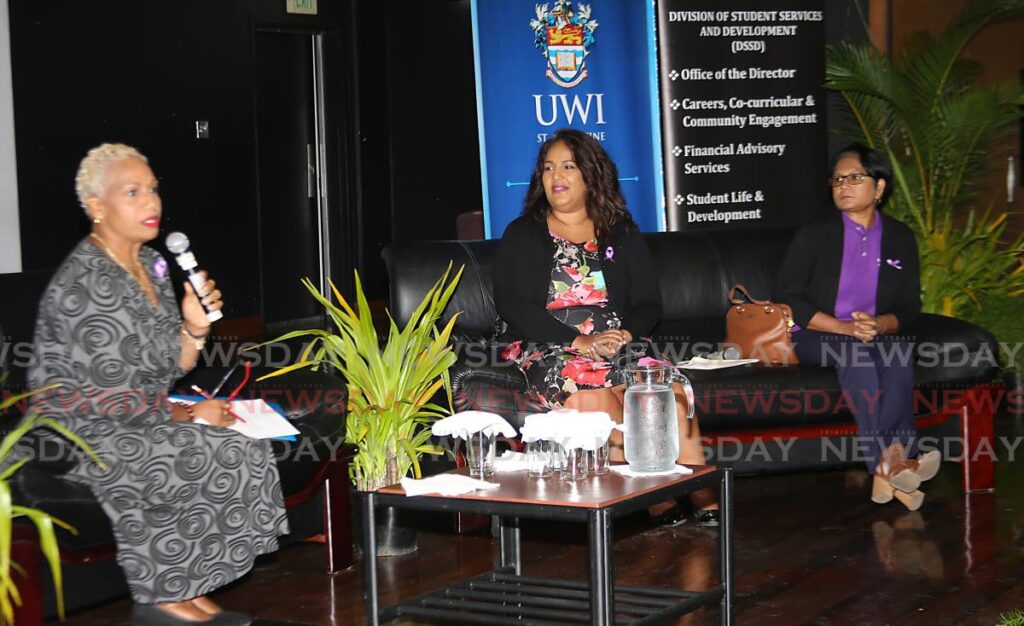 From left, moderator Dr Karene De Caires, panellists Dr Katija Khan and Sabrina Mowlah Baksh at UWI's Deconstructing Domestic Violence Panel discussion on Friday, which was celebrated as the International Day for the Elimination of Violence Against Women. The discussion was held at UWI's St Augustine Campus. - Photo by Sureash Cholai