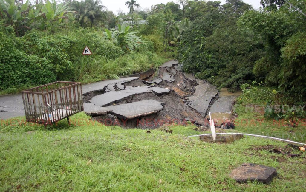 Cameron road, Gran Couva is now impassable due to a major landslip in the area caused by persistent rainfall. - Photo by Lincoln Holder