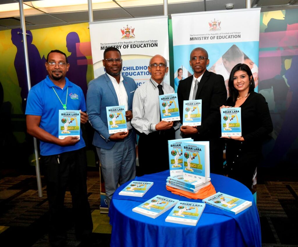 Roger Koon Koon (Blue Waters), from left, Jason Ifill (First Citizens), Nasser Khan (author), Dr Peter Smith (CEO, Ministry of Education) and Zahra Mohammed (Health Net) - 