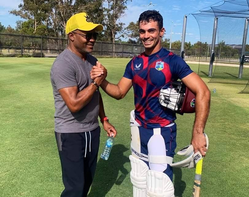 West Indies legend Brian Lara, left, greets opening batsman Tagenarine Chanderpaul at a West Indies training session in Australia. - Photo by Cricket West Indies