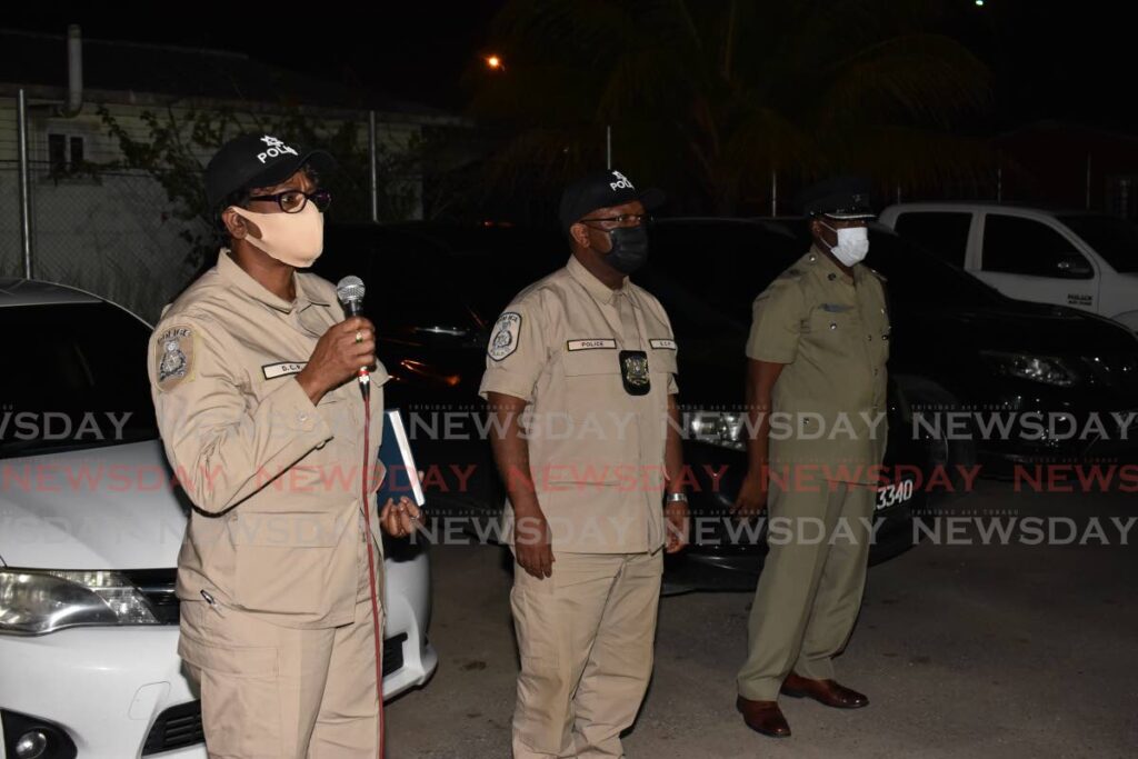 In this September 10, 2021 file photo from the TTPS, acting DCP Erla Christopher, from, left, acting CoP Mc Donald Jacob and Snr Supt Curt Simon address Central Division officers at the Enterprise base in Chaguanas. The Parliament on December 2 approved Simon to act as a DCP.  